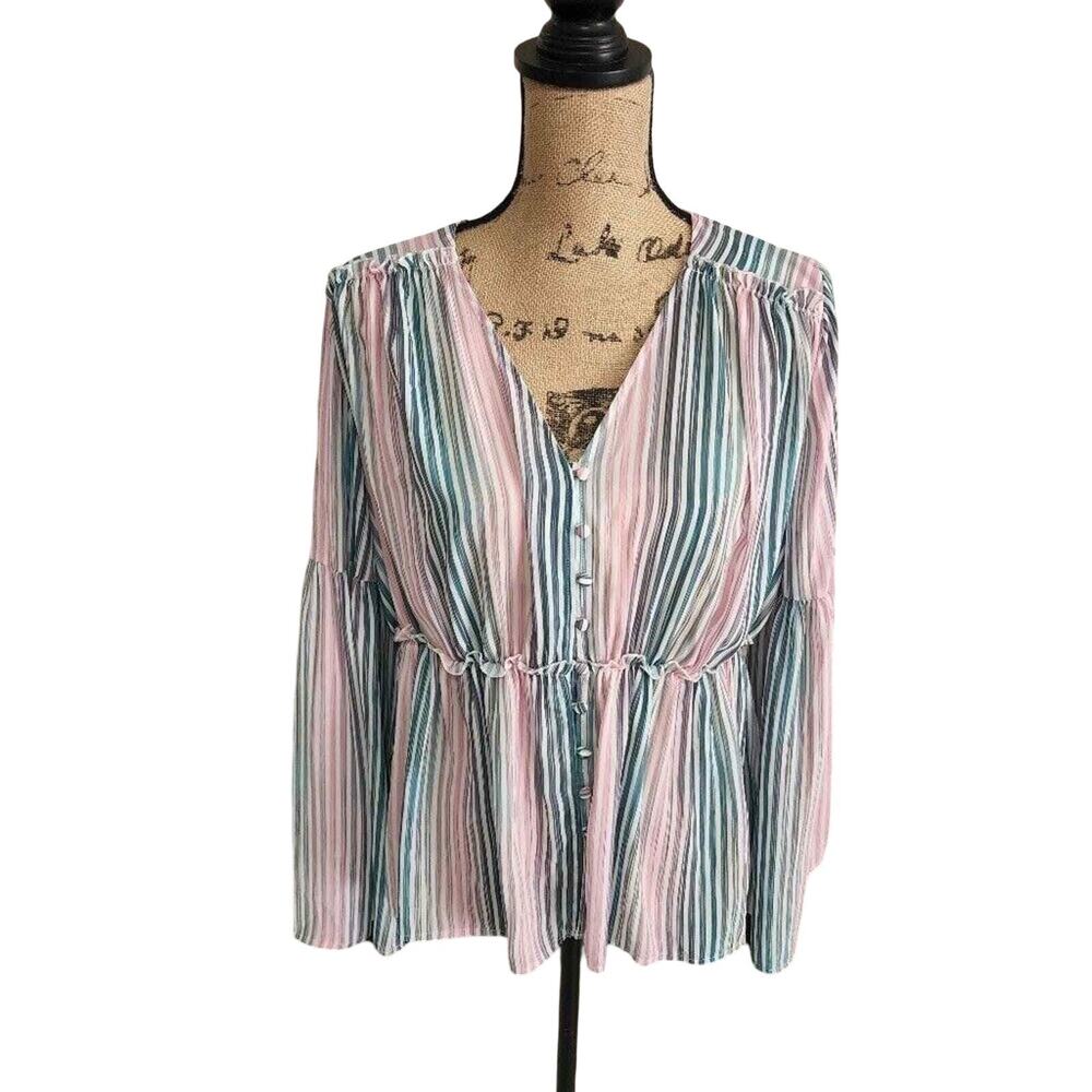 Catherine Catherine Malandrino Pink Teal Striped V-Neck Peplum Blouse Small